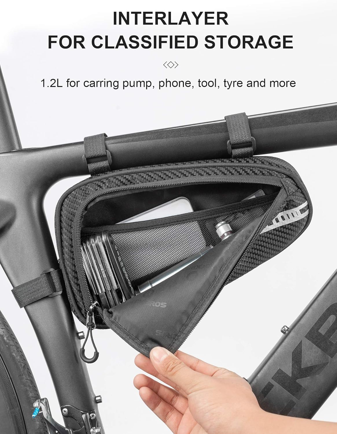 ROCKBROS bolsa triangular para bicicleta detalle de compartimento interno para almacenamiento clasificado