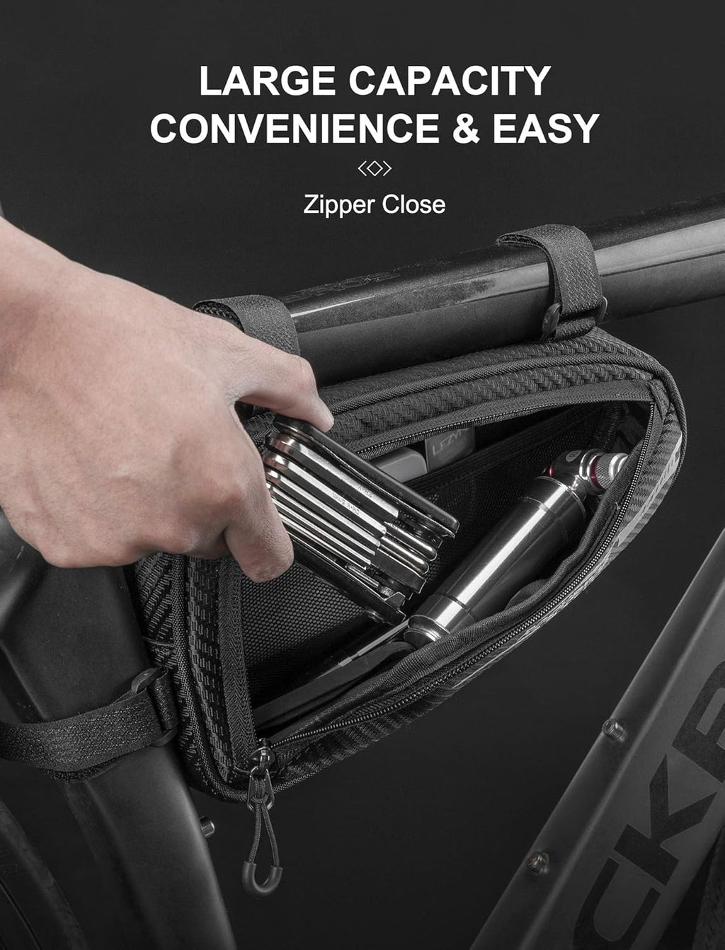 ROCKBROS bolsa triangular para bicicleta detalle de gran capacidad y cierre de cremallera