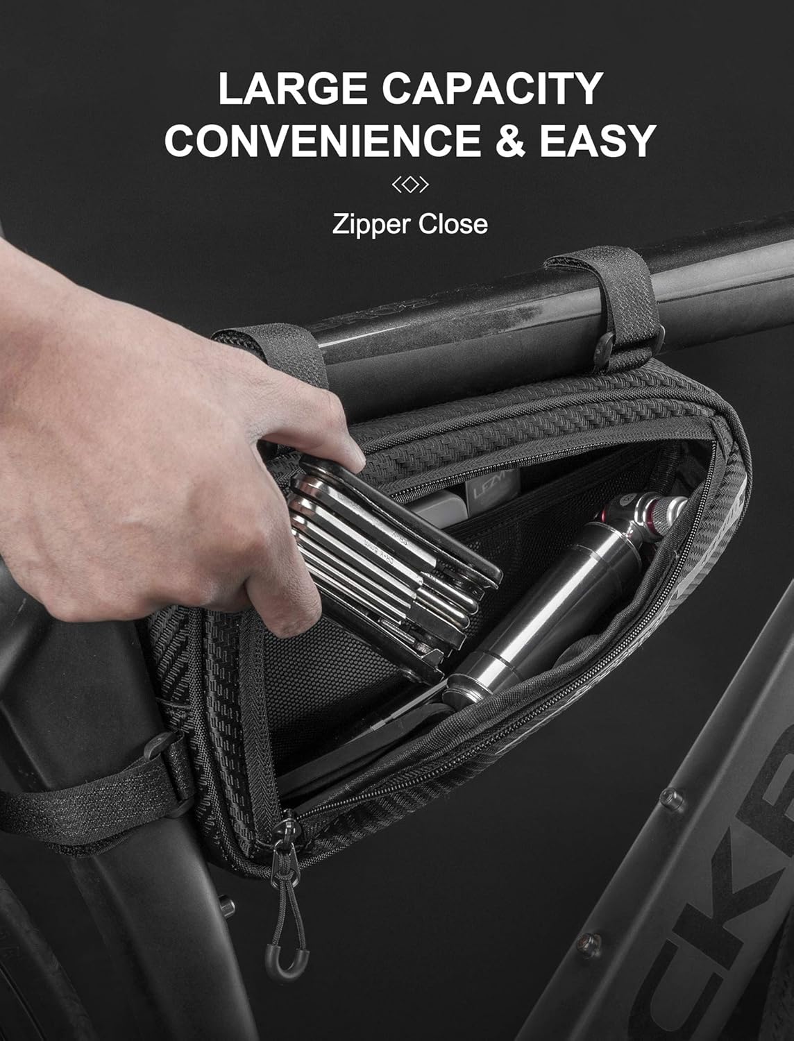 ROCKBROS bolsa triangular para bicicleta detalle de gran capacidad y cierre de cremallera