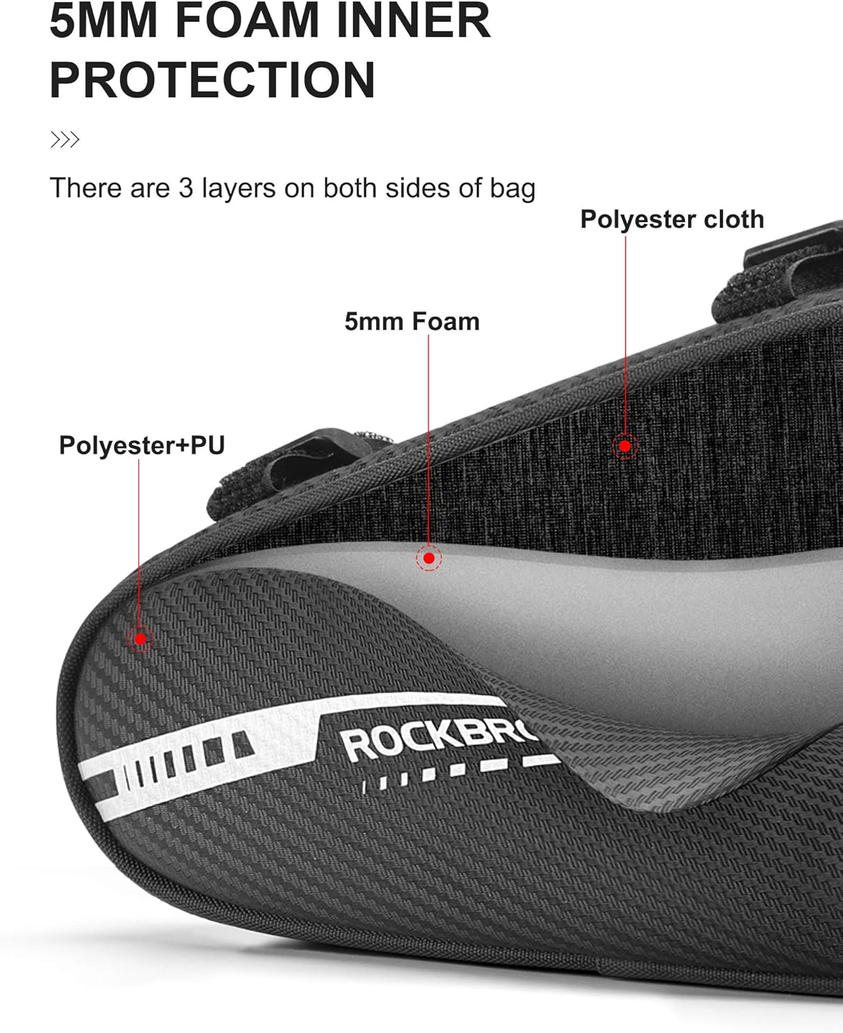 ROCKBROS bolsa triangular para bicicleta detalle de estructura interna con espuma de 5 mm de protección