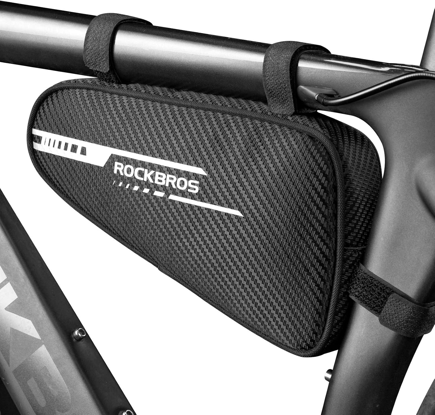 ROCKBROS bolsa triangular para bicicleta montada en el cuadro sobre fondo blanco