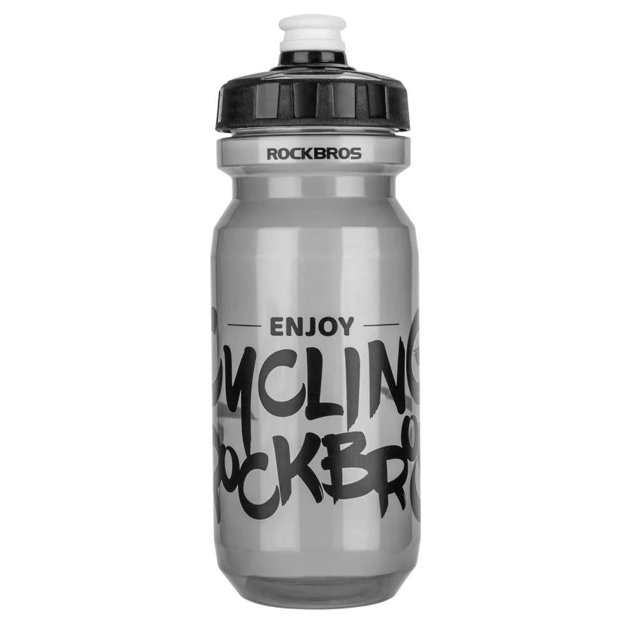 ROCKBROS botella de agua para ciclismo gris con impresión de letras sobre fondo blanco