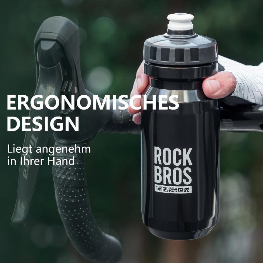 ROCKBROS botella de agua para bicicleta sostenida por una mano cerca del manillar de bicicleta
