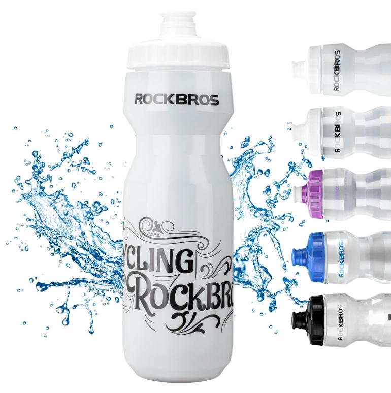 ROCKBROS botella de agua para bicicleta semitransparente con salpicaduras de agua y muestra de diferentes colores sobre fondo blanco