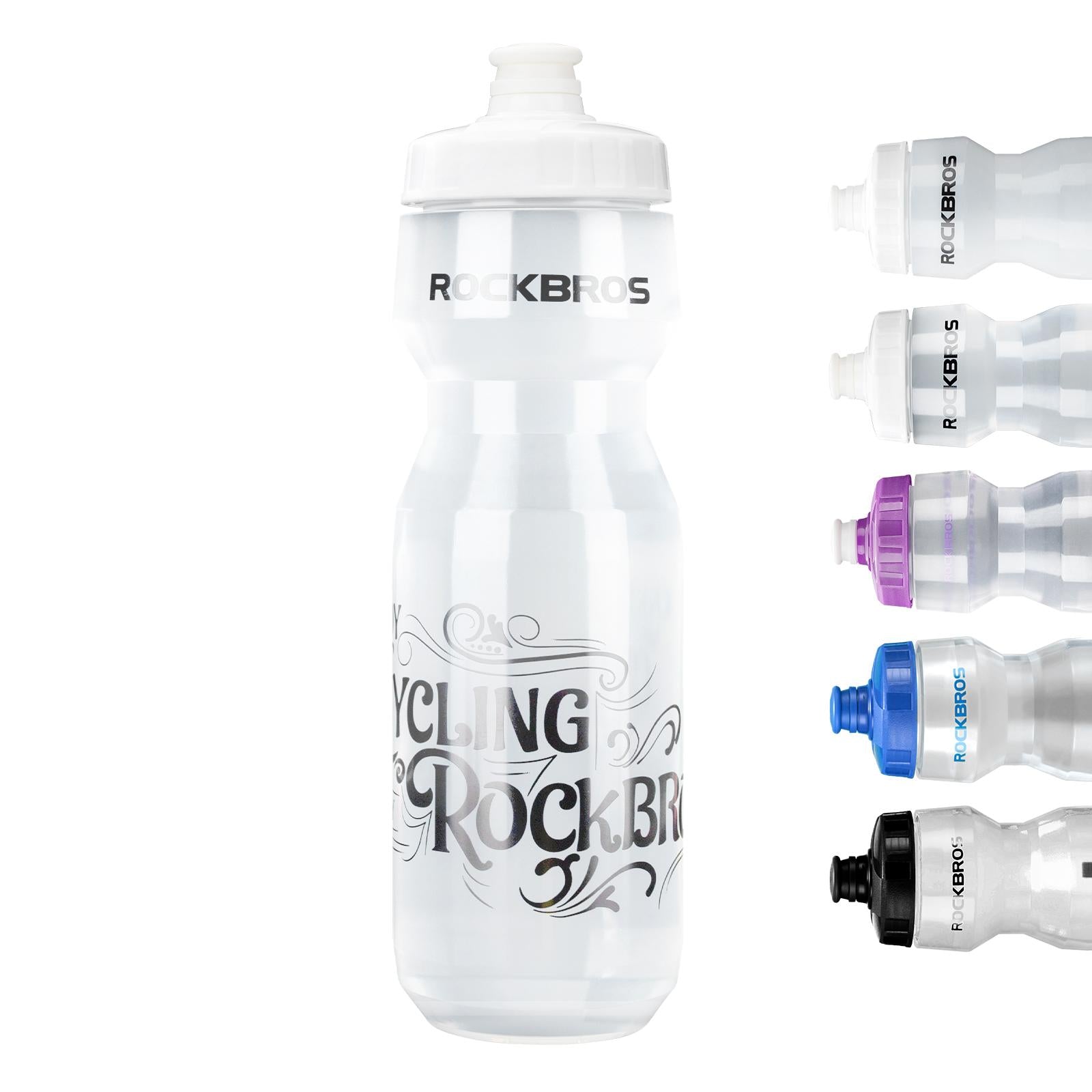 ROCKBROS botella de agua para bicicleta blanco transparente con muestra de colores sobre fondo blanco