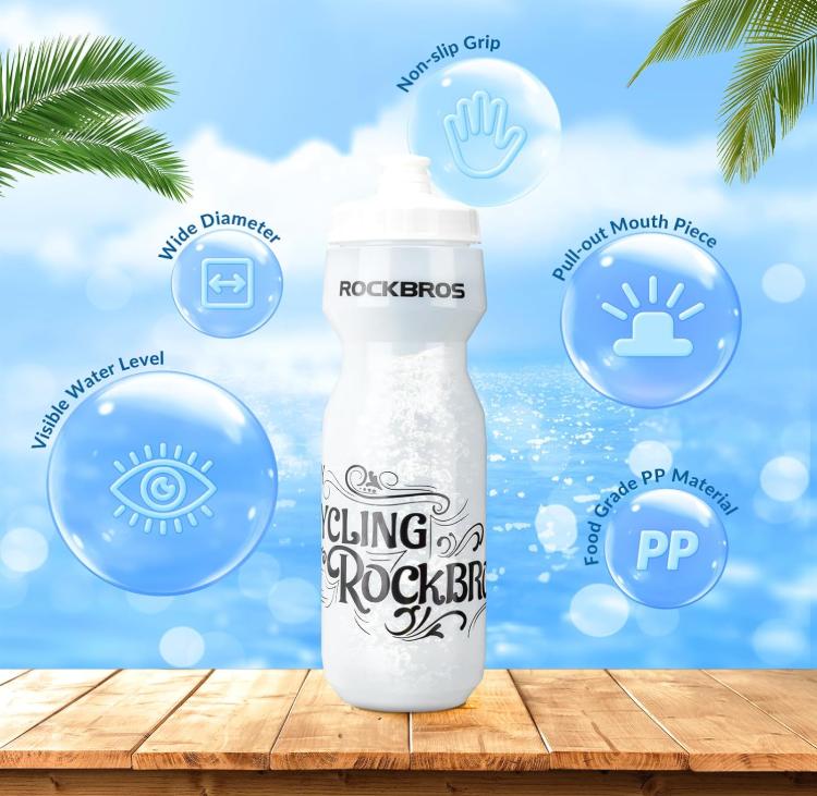 ROCKBROS botella de agua para bicicleta con iconos de caracteristicas sobre fondo de playa y tabla de madera