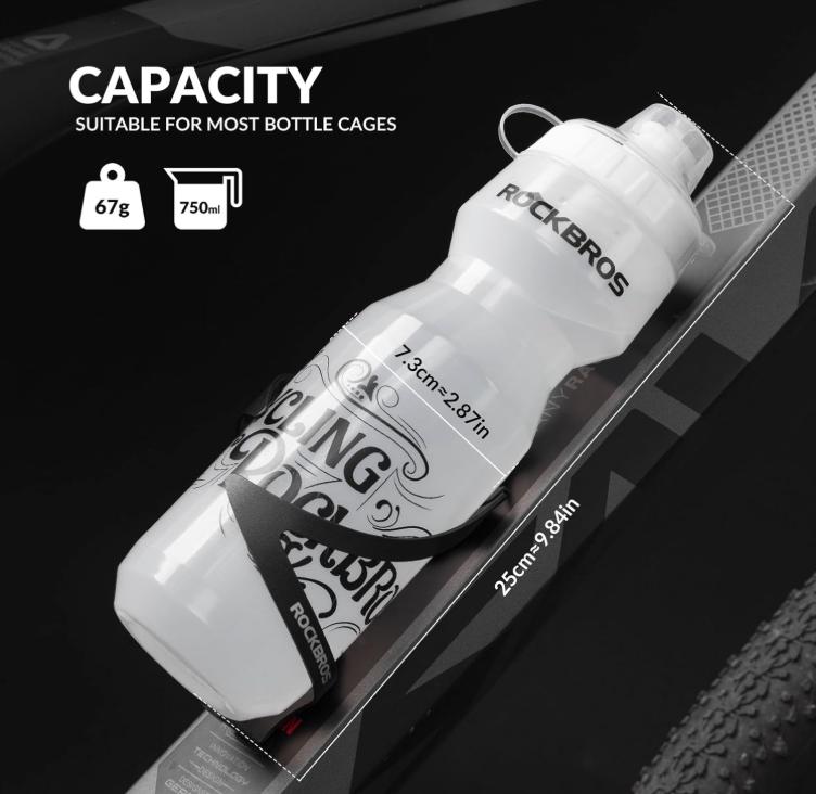 ROCKBROS botella de agua para bicicleta mostrando sus dimensiones capacidad y peso instalada en el porta botellas de bicicleta