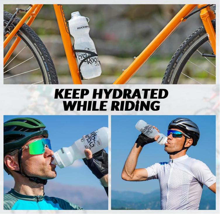 ROCKBROS botella de agua para bicicleta en collage mostrando su uso por hombres ciclistas durante la conduccion al aire libre