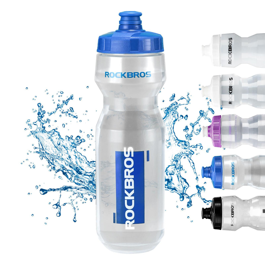 ROCKBROS botella de agua para bicicleta azul transparente con salpicaduras de agua y muestra de diferentes colores sobre fondo blanco