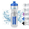ROCKBROS botella de agua para bicicleta azul transparente con salpicaduras de agua y muestra de diferentes colores sobre fondo blanco