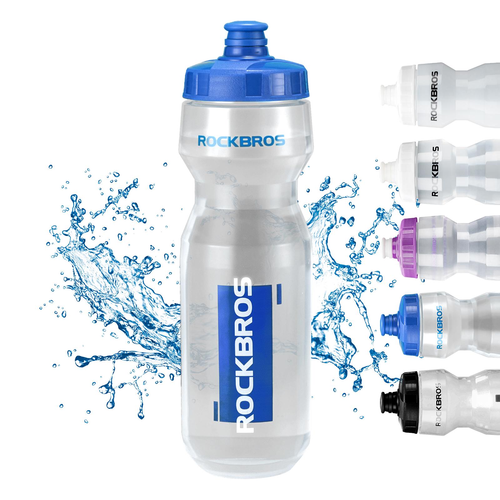 ROCKBROS botella de agua para bicicleta azul transparente con salpicaduras de agua y muestra de diferentes colores sobre fondo blanco