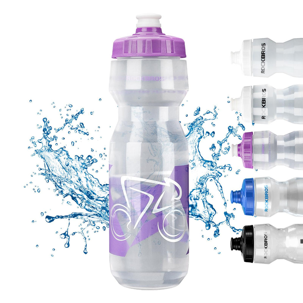 ROCKBROS botella de agua para bicicleta púrpura transparente con salpicaduras de agua y muestra de diferentes colores sobre fondo blanco