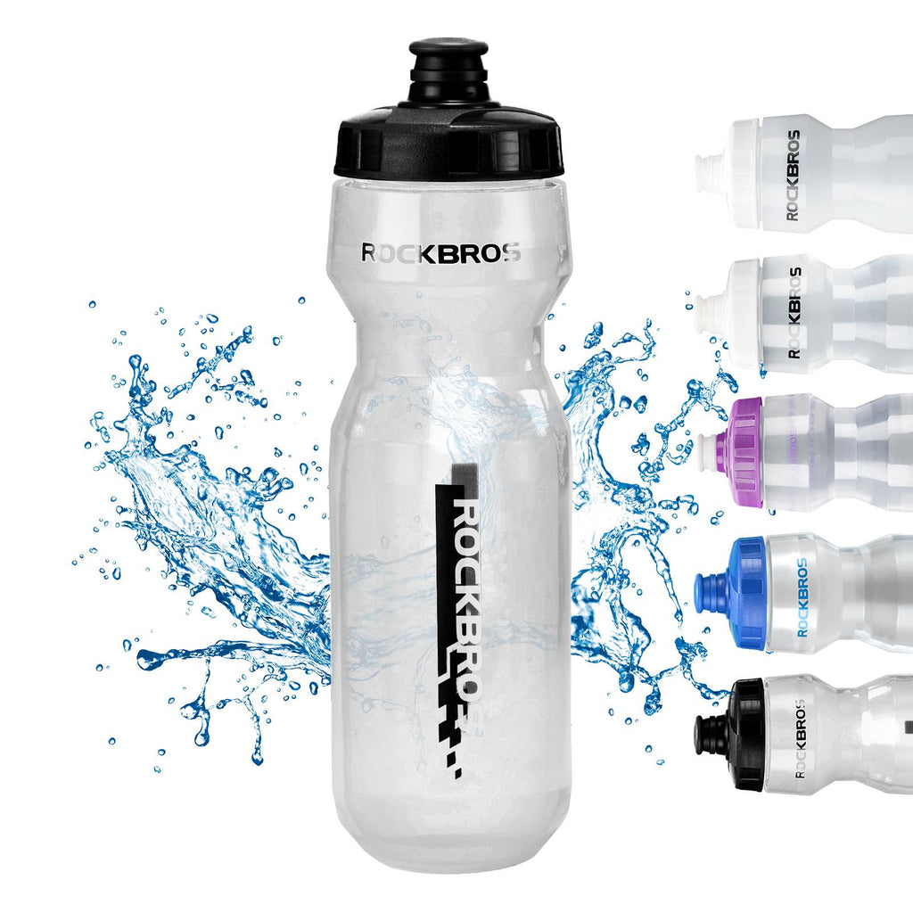 ROCKBROS botella de agua para bicicleta negro transparente con salpicaduras de agua sobre fondo blanco