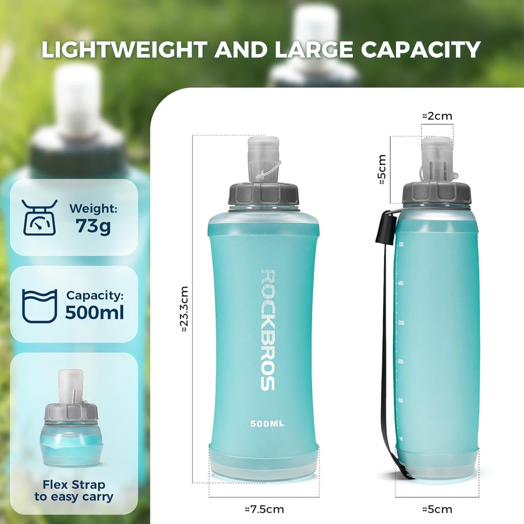 ROCKBROS botella de agua para bicicleta de 500ml con diagrama de peso y dimensiones detalladas