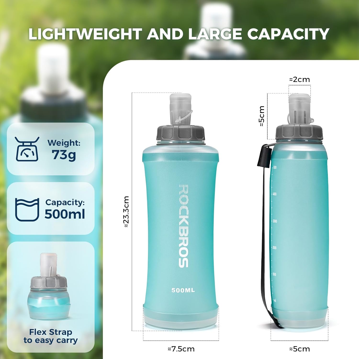 ROCKBROS botella de agua para bicicleta de 500ml con diagrama de peso y dimensiones detalladas
