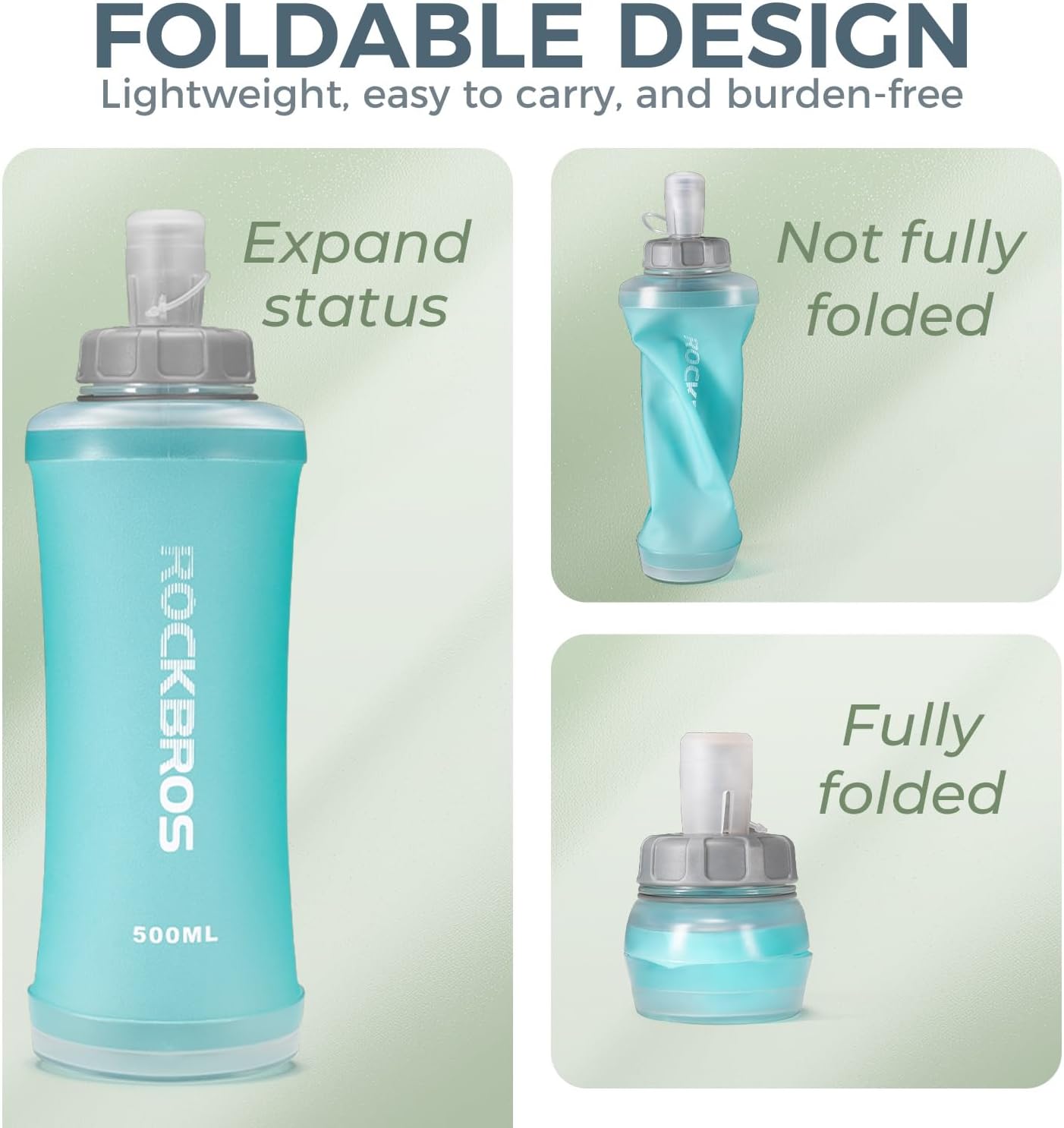 ROCKBROS botella de agua para bicicleta de 500ml mostrando diferentes estados de su diseño plegable