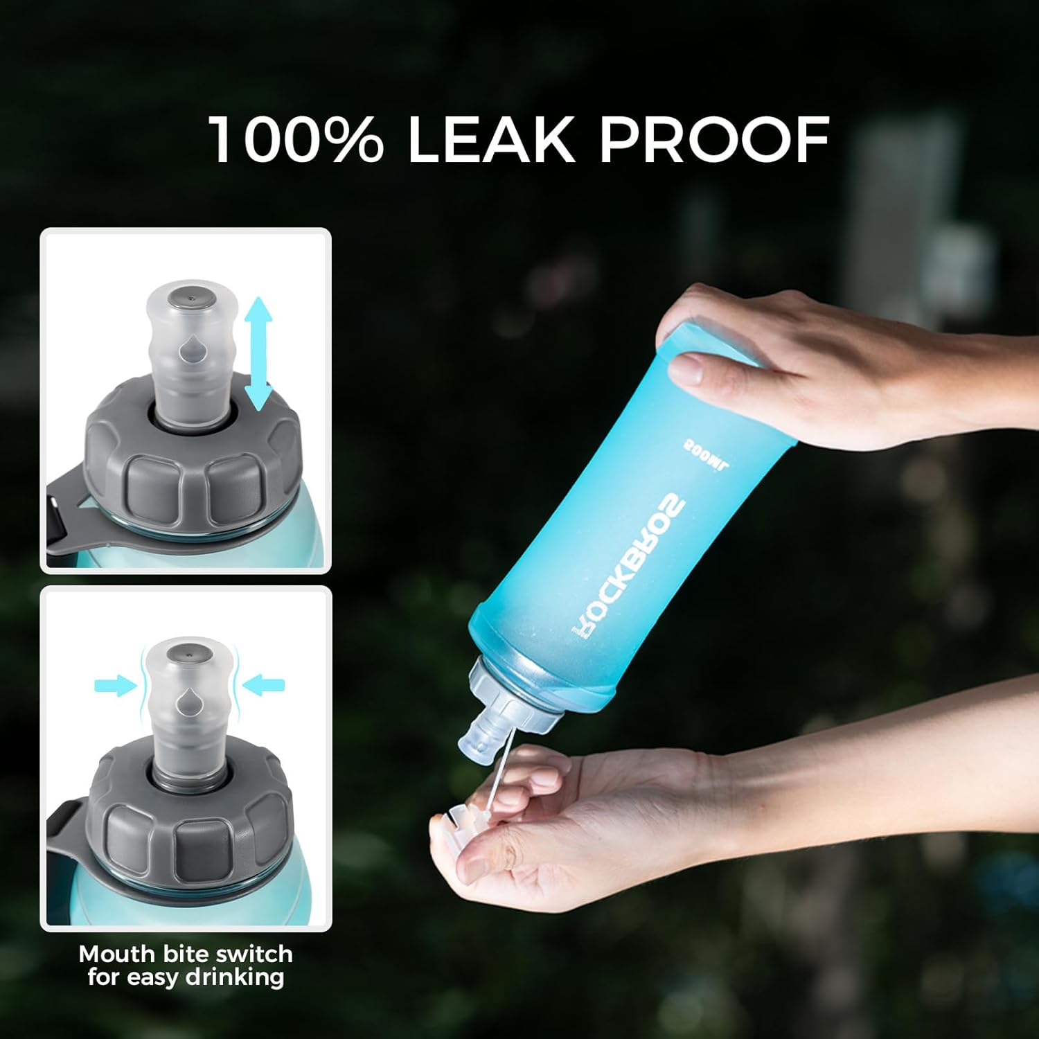 ROCKBROS botella de agua para bicicleta de 500ml con demostracion de diseño antifugas y boquilla mordible