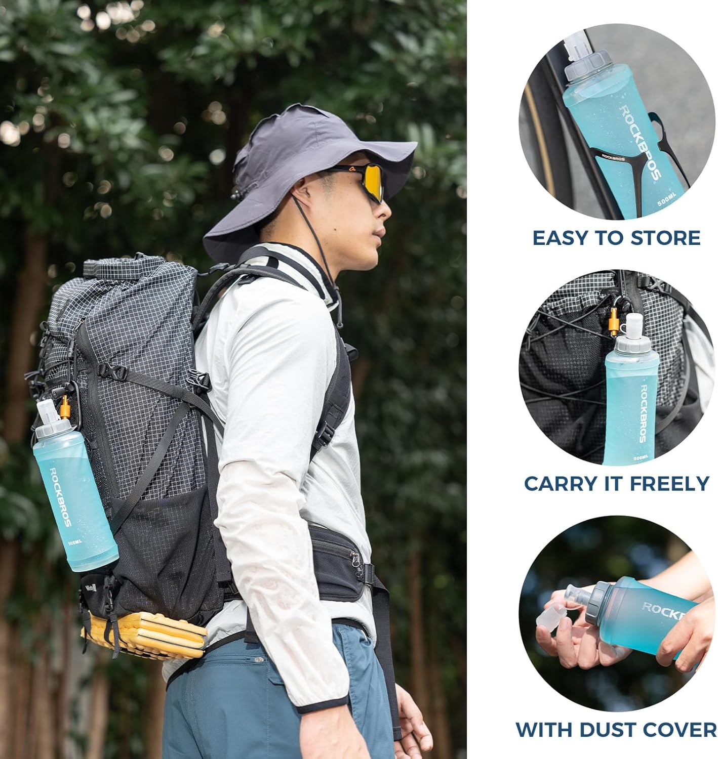 ROCKBROS botella de agua para bicicleta mostrando multiples formas de transporte llevada por un hombre con mochila