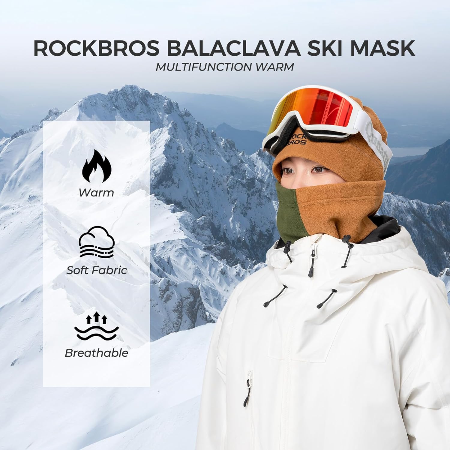 ROCKBROS bufanda de invierno usada por una mujer en entorno de montaña nevada