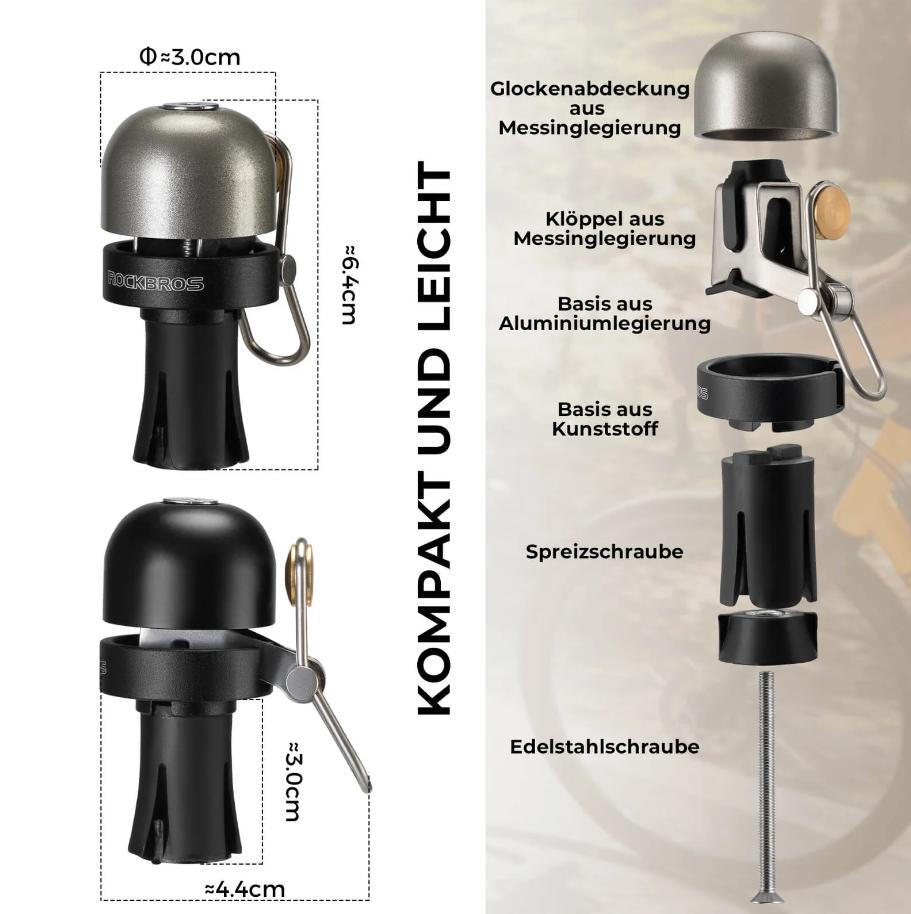 ROCKBROS campana para bicicleta en color titan y negro con dimensiones y vista de despiece de piezas