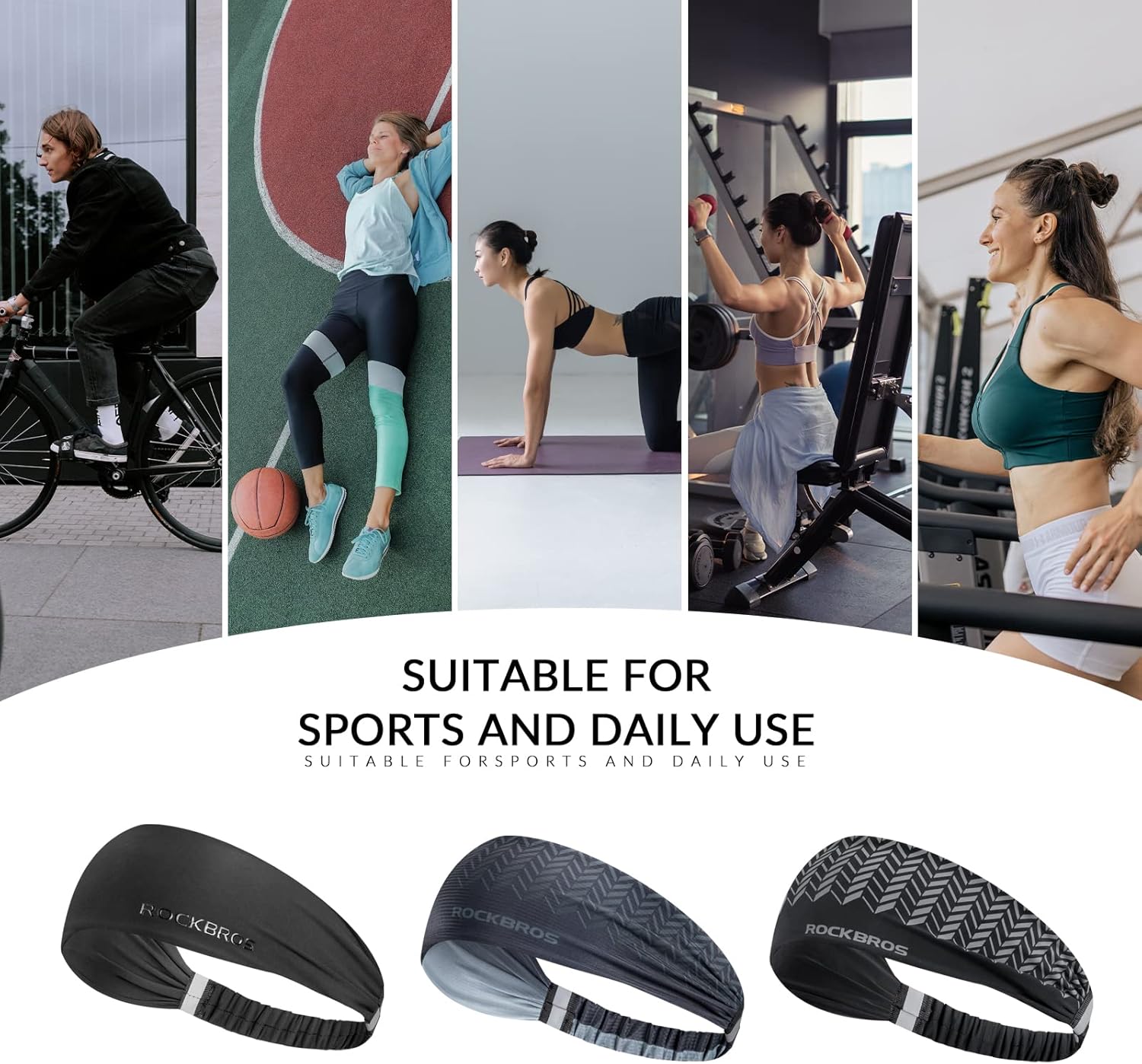 ROCKBROS cinta para la cabeza deportiva collage con escenarios de uso deportivo y modelos disponibles