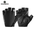 ROCKBROS guantes de medio dedo negros vistos de frente y de espaldas sobre fondo blanco.