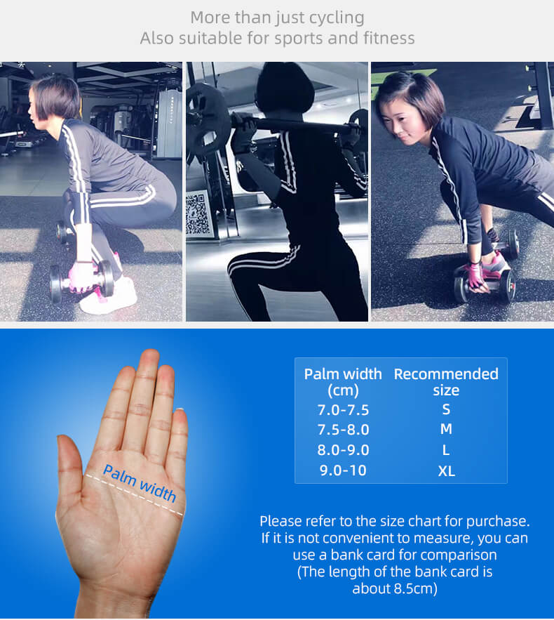 ROCKBROS guantes medio dedo aptos para gimnasio con tabla de medidas según ancho de palma
