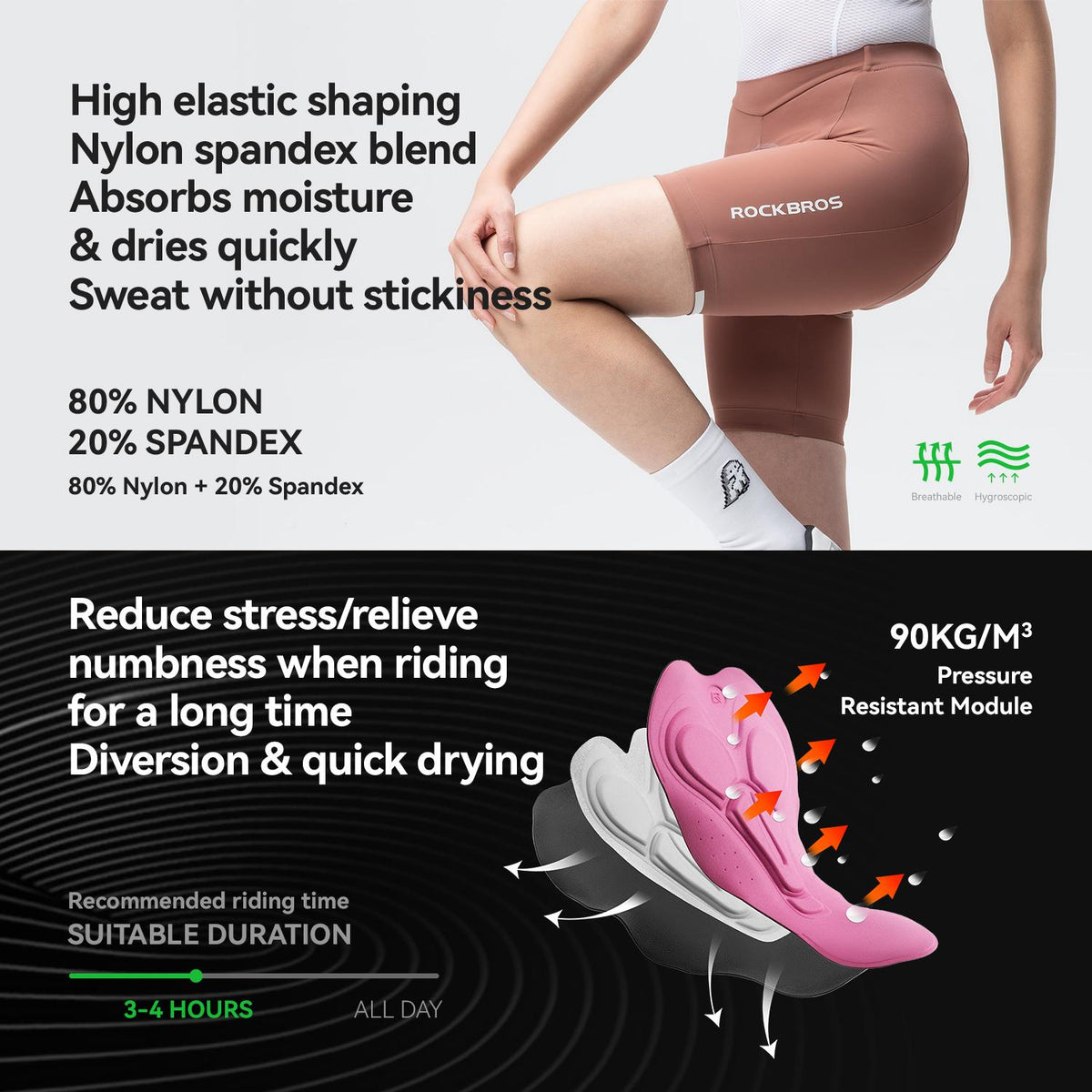 ROCKBROS culote de ciclismo para mujer infografía de rendimiento de tela y almohadilla con mujer
