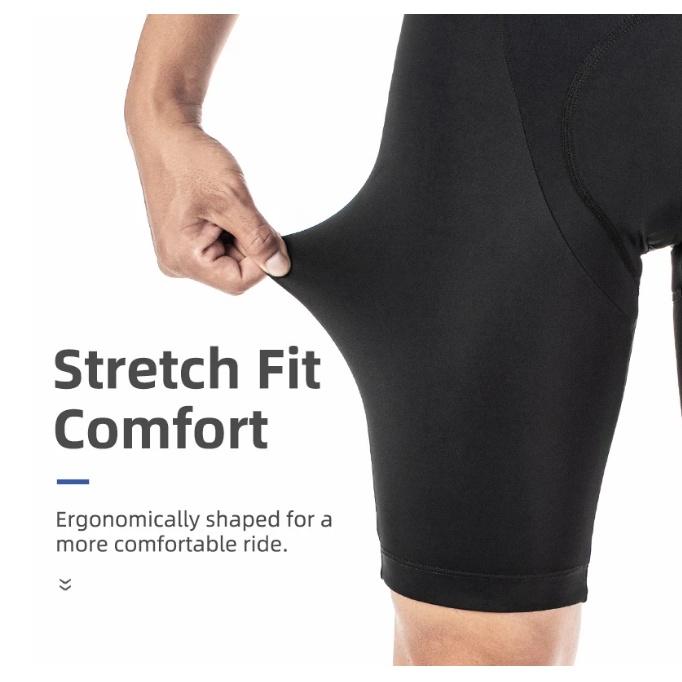 ROCKBROS culote de ciclismo para mujer mostrando elasticidad estirada por mano de hombre