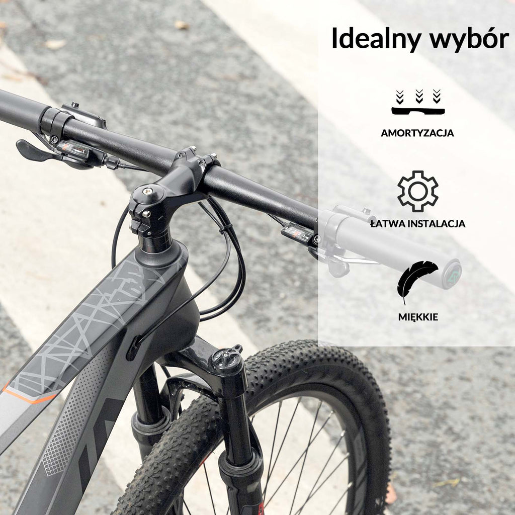 ROCKBROS empuñaduras para manillar de bicicleta de montaña instaladas en bicicleta con iconos de características.