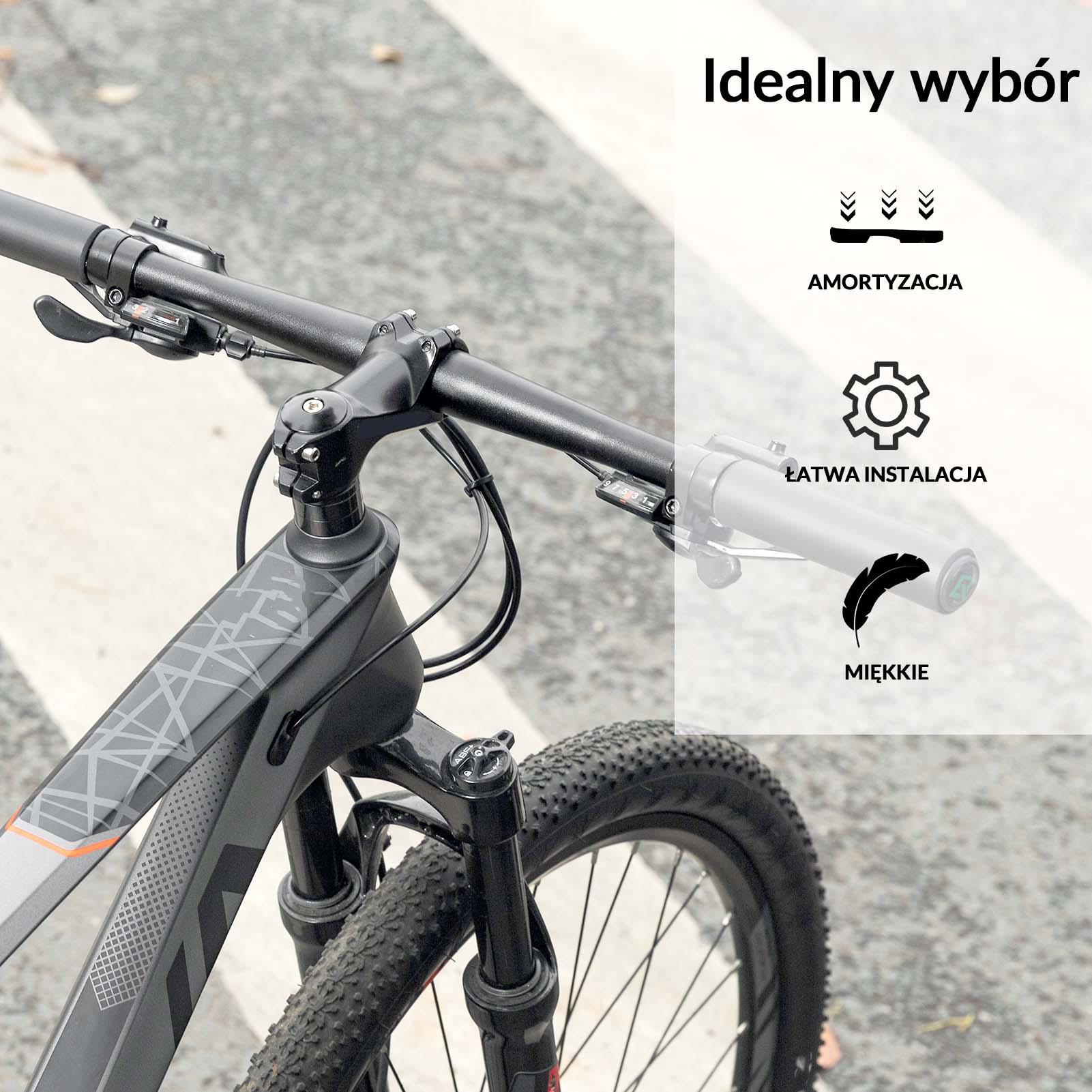 ROCKBROS empuñaduras para manillar de bicicleta de montaña instaladas en bicicleta con iconos de características.