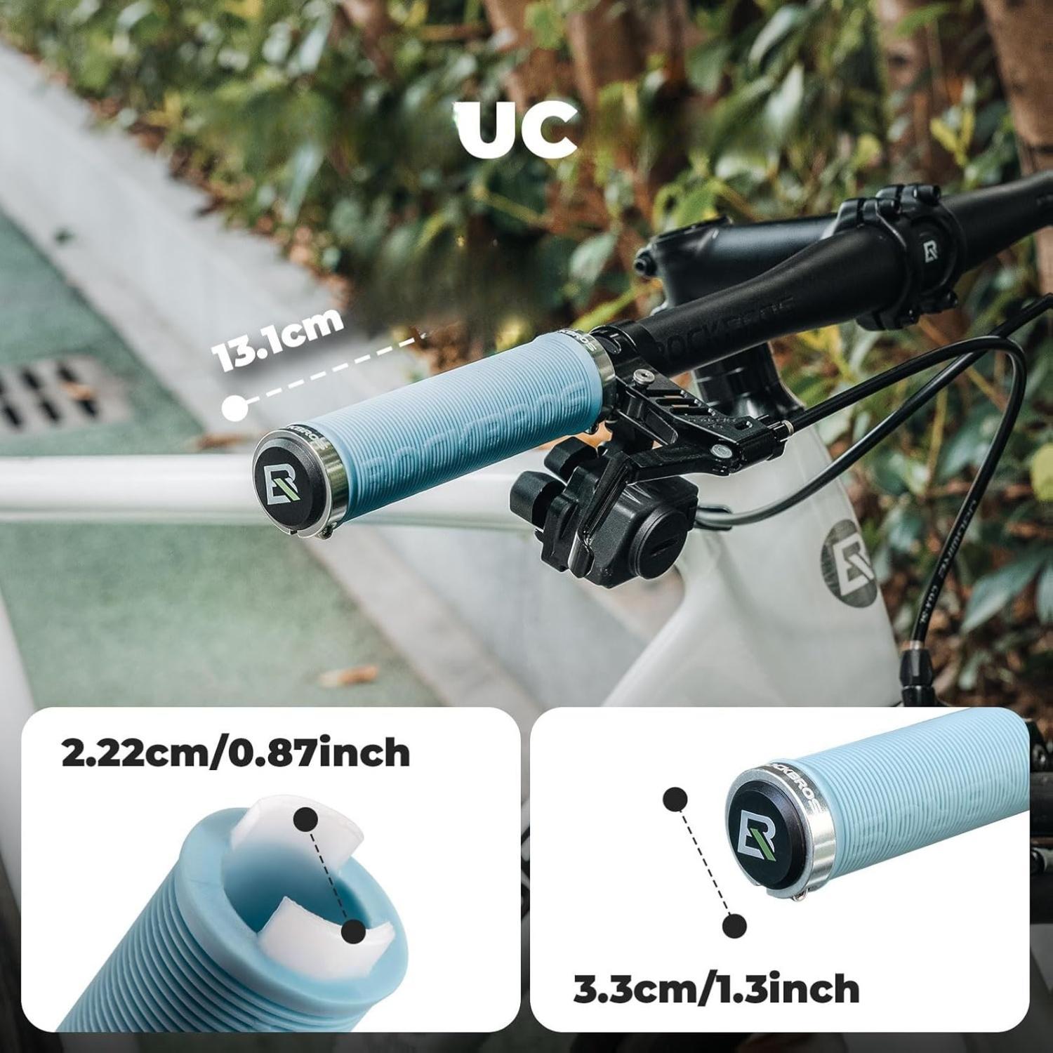 ROCKBROS empuñaduras de bicicleta instaladas en manubrio con datos de dimensiones en infografía al aire libre