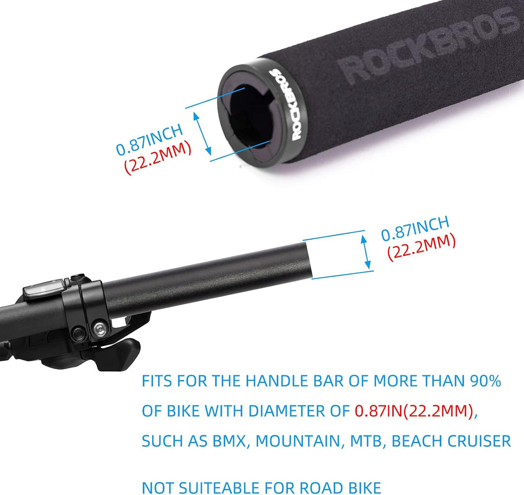 ROCKBROS empuñaduras de manillar mostrando especificación de diámetro compatible de 22.2 mm para bicicleta
