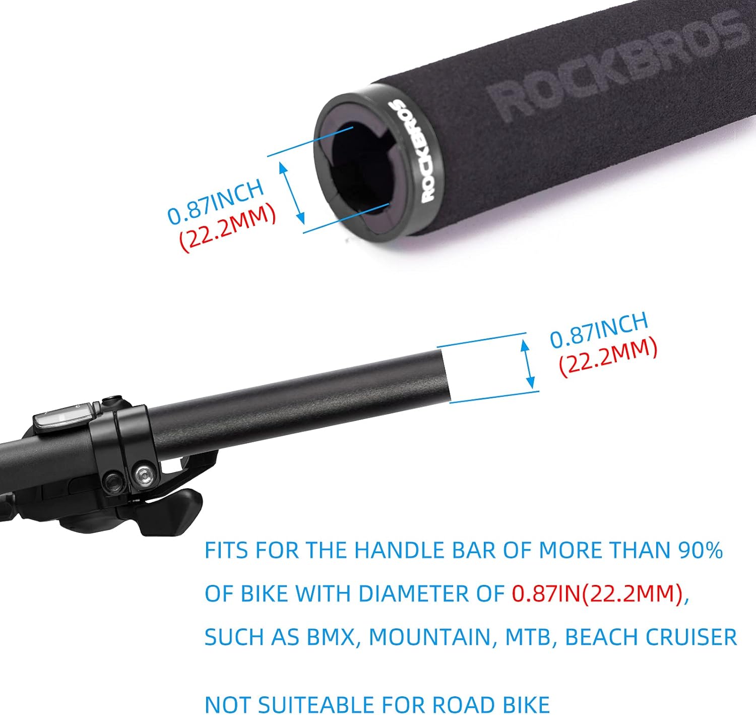 ROCKBROS empuñaduras de manillar mostrando especificación de diámetro compatible de 22.2 mm para bicicleta