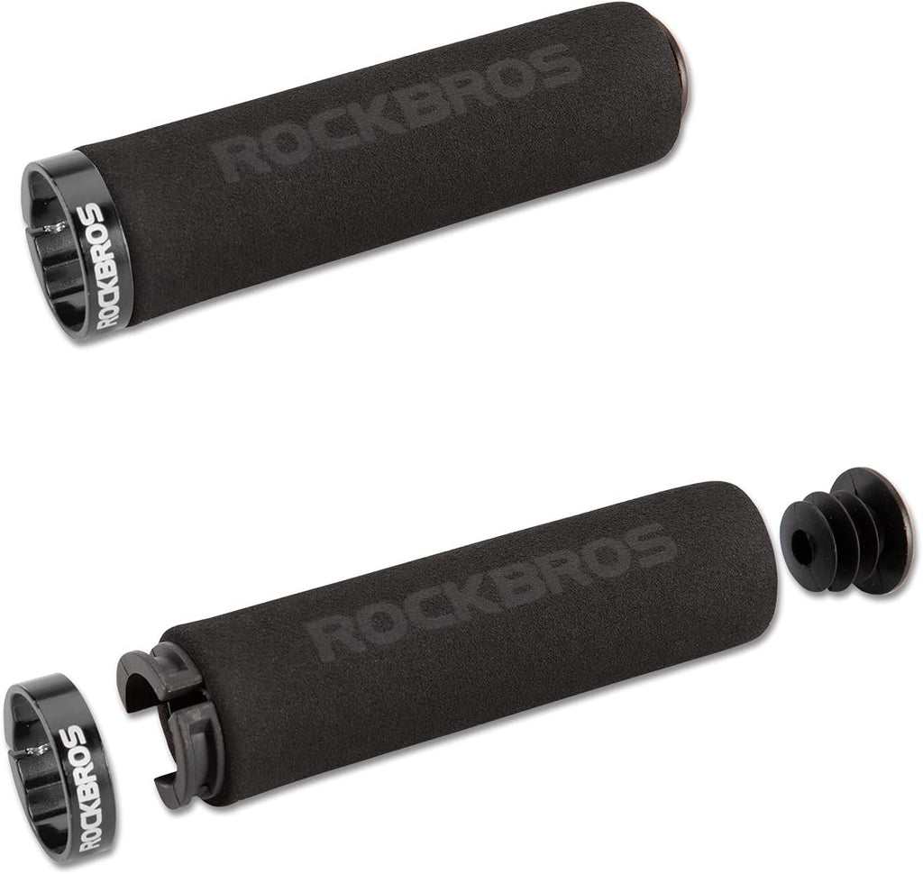 ROCKBROS empuñaduras de manillar negras de espuma mostrando piezas desmontadas sobre fondo blanco