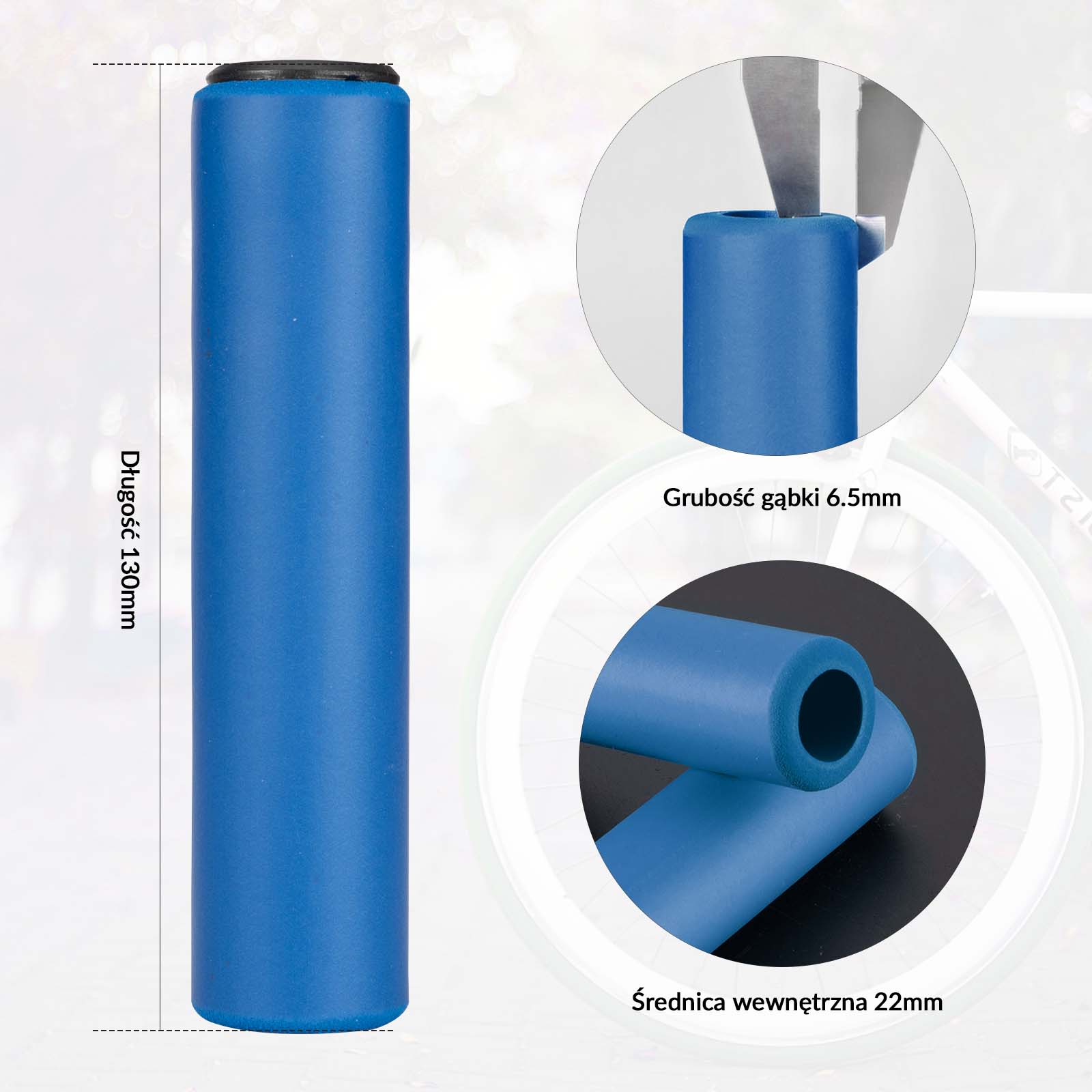 ROCKBROS empuñadura de silicona azul para manillar de bicicleta de montaña con diagrama de dimensiones.