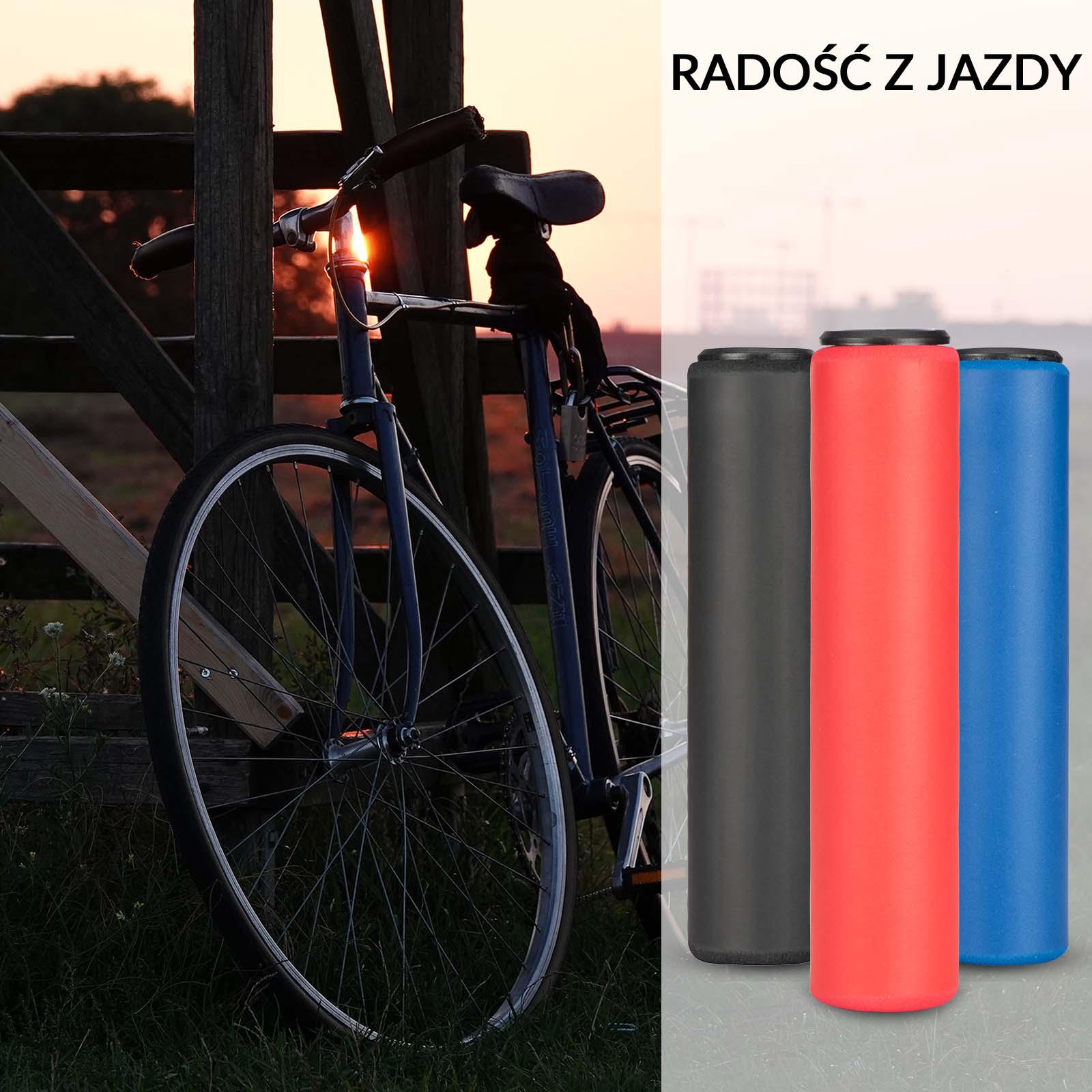 ROCKBROS empuñaduras de silicona de varios colores para manillar de bicicleta de montaña en imagen dividida con bicicleta.