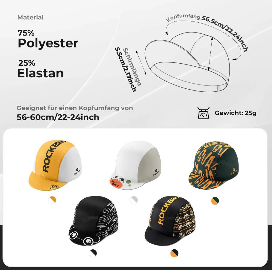 ROCKBROS gorra de ciclismo verano mostrando materiales dimensiones y todos los colores disponibles