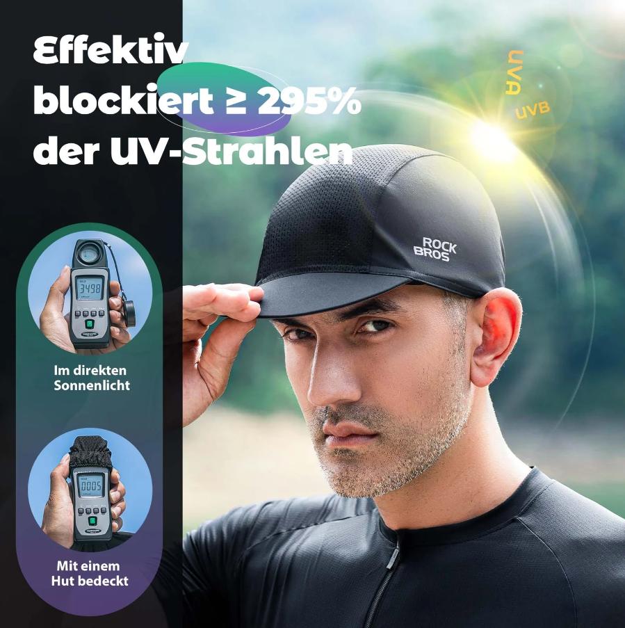 ROCKBROS gorra de ciclismo para verano mostrando su rendimiento de protección contra rayos ultravioletas al aire libre