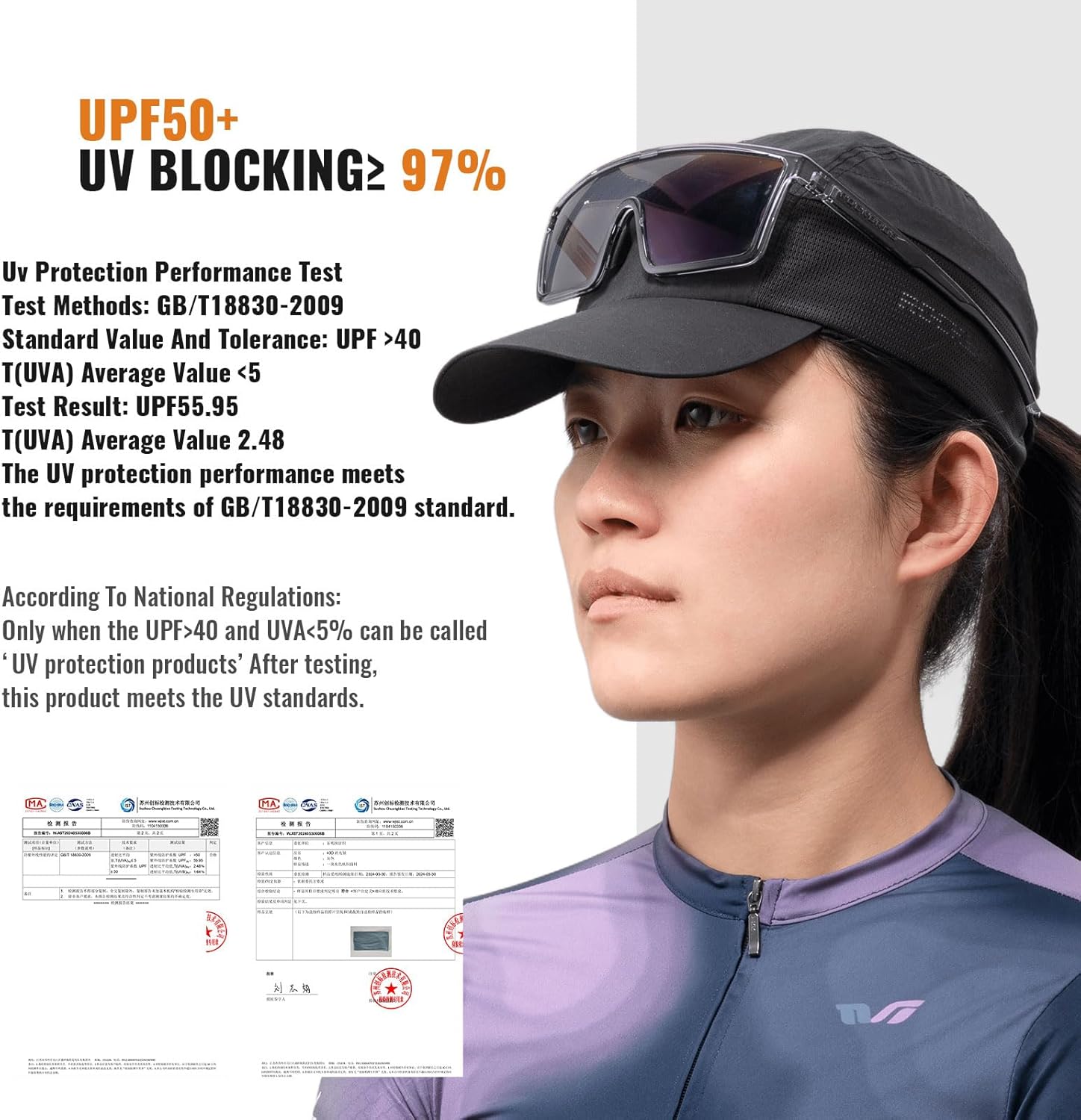 ROCKBROS gorra de verano para bicicleta en una mujer mostrando su rendimiento de protección solar upf50 mas certificados de prueba