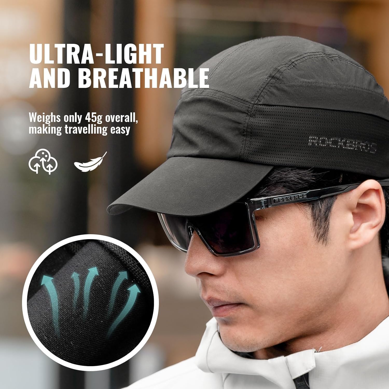 ROCKBROS gorra de verano para bicicleta en un hombre mostrando sus características ultraligeras y transpirables