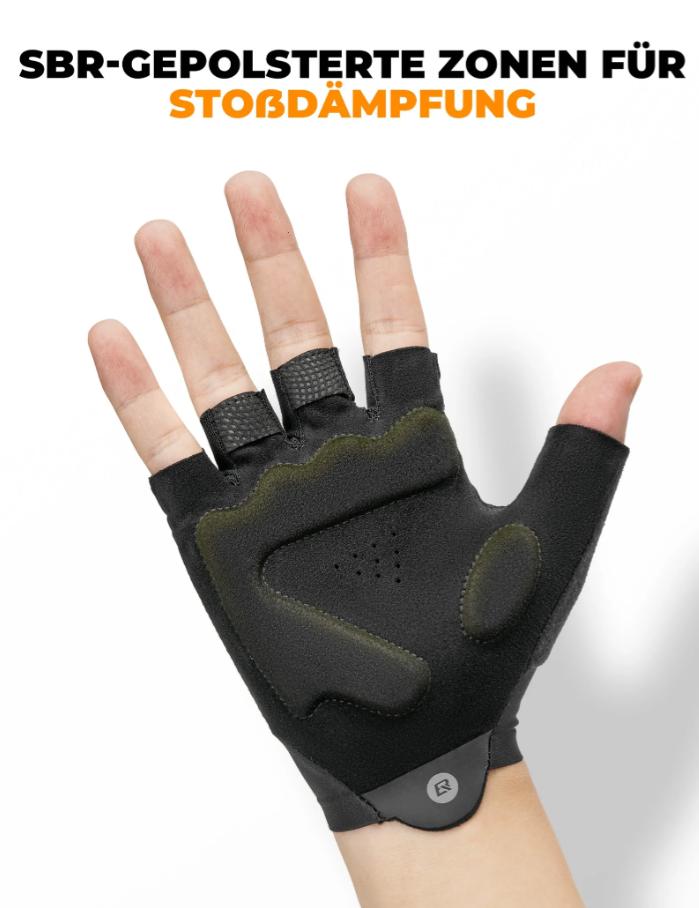 ROCKBROS guantes de bicicleta sin dedos puestos en una mano mostrando las zonas acolchadas de sbr