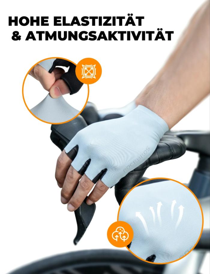 ROCKBROS guantes de bicicleta sin dedos en manillar mostrando alta elasticidad y buena transpirabilidad