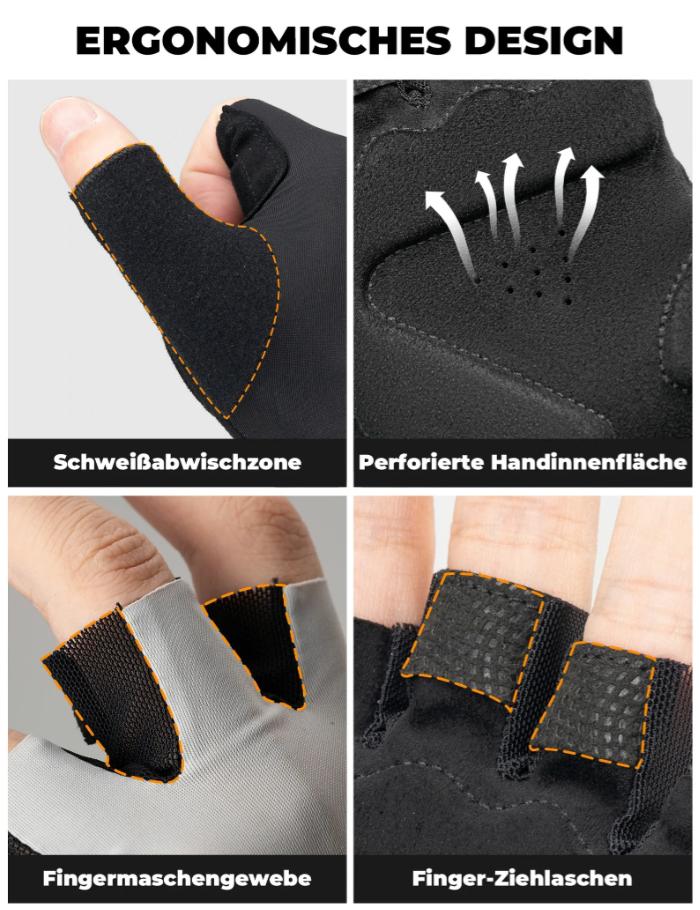 ROCKBROS guantes de bicicleta sin dedos collage mostrando detalles de su diseño ergonómico funcional