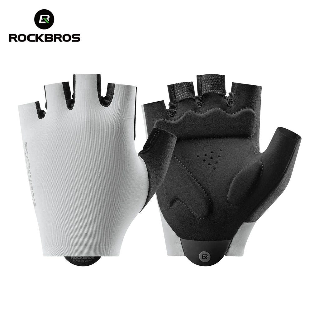 ROCKBROS guantes de bicicleta sin dedos gris mostrando la parte exterior y la palma acolchada sobre fondo blanco