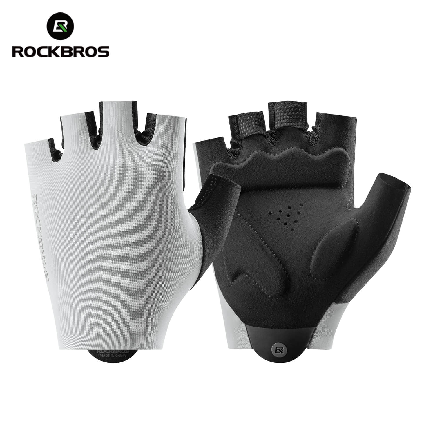 ROCKBROS guantes de bicicleta sin dedos gris mostrando la parte exterior y la palma acolchada sobre fondo blanco