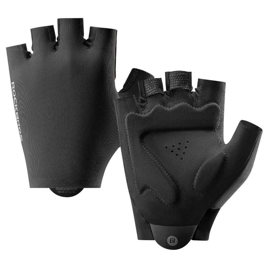 ROCKBROS guantes de bicicleta sin dedos negros mostrando la parte exterior y la palma acolchada sobre fondo blanco