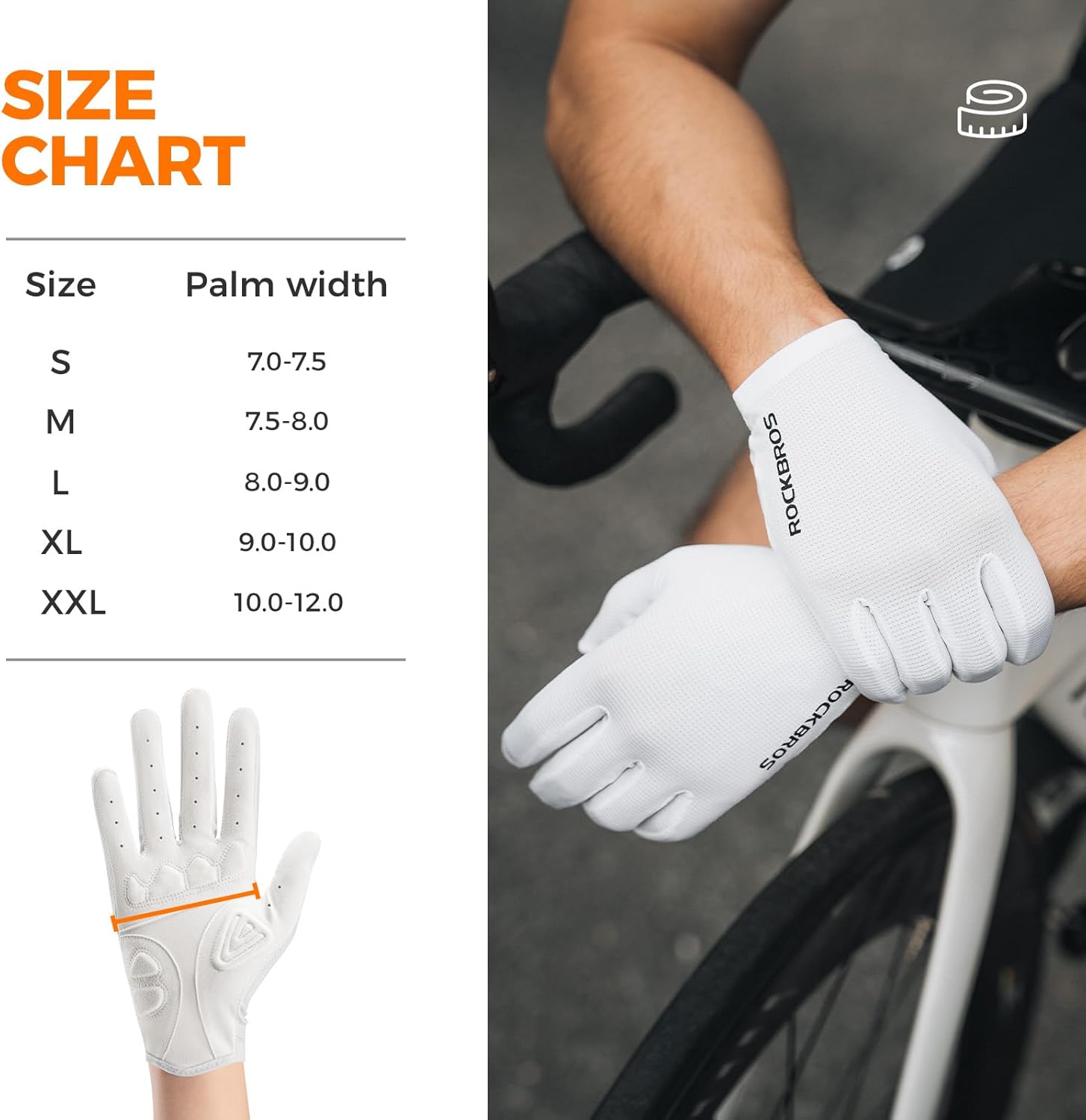 ROCKBROS guantes de bicicleta en color blanco junto con tabla de medidas de tamaño