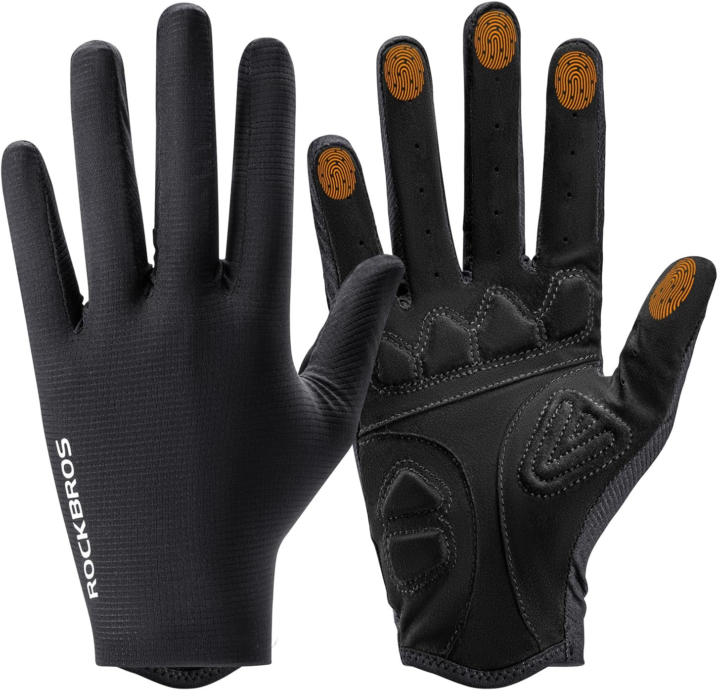 ROCKBROS guantes de bicicleta negros con función táctil sobre fondo blanco