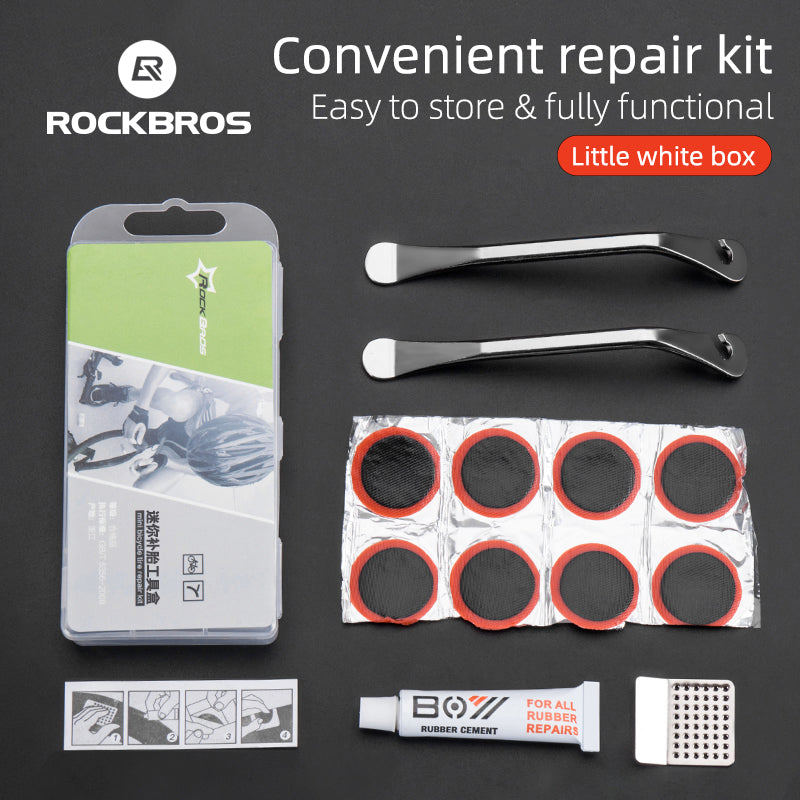 ROCKBROS kit de herramientas para reparacion mini con parches pegamento y palancas de neumatico sobre fondo negro